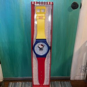 Rare Hello Kitty Red Yellow and Blue Watch Wall Clock 36.5” Long BRAND NEW